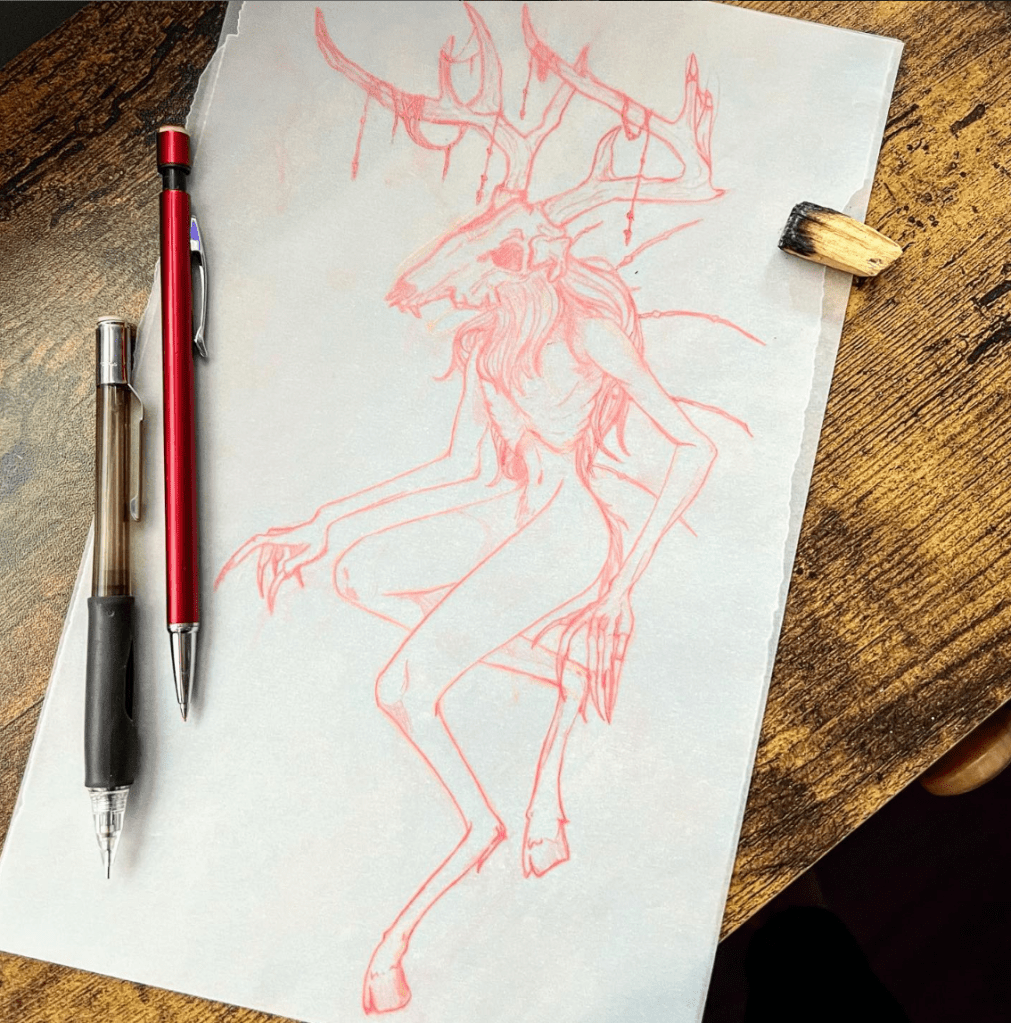 Pencil sketch of a wendigal, laying on a desk, with pencils and palo santo.