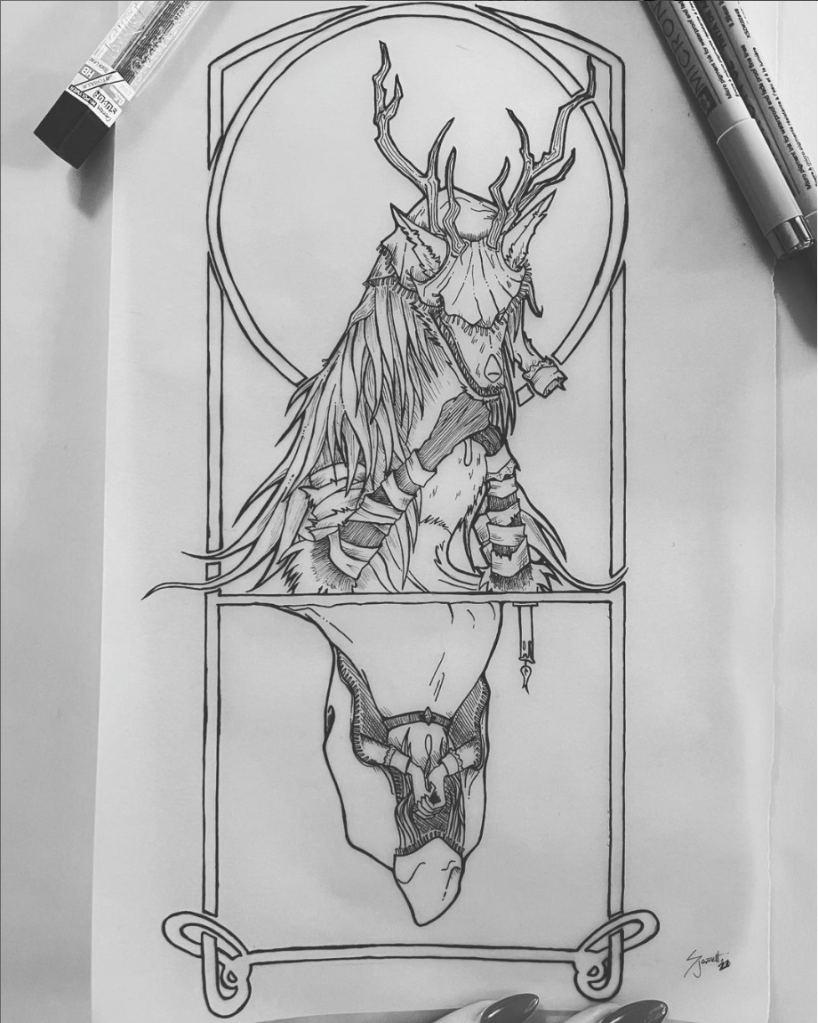 Black and white image of ink drawing. Vicar Amelia from Bloodborne, the top half is her beast form, her clasping her hands around a locket. Below, the bottom half features a mirror of her in her human form.